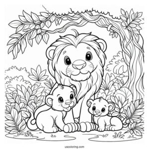 Lion With Two Cubs Playing In Jungle Coloring Page For Kids