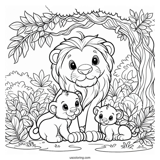 Lion With Two Cubs Playing In Jungle Coloring Page For Kids