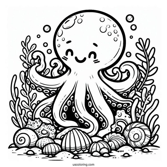 Grinning Cartoon Octopus Coloring Page In The Sea With Shells