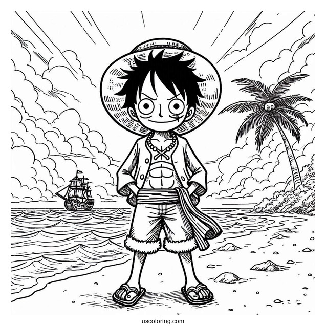 One Piece Coloring Page Of Monkey D. Luffy On Beach