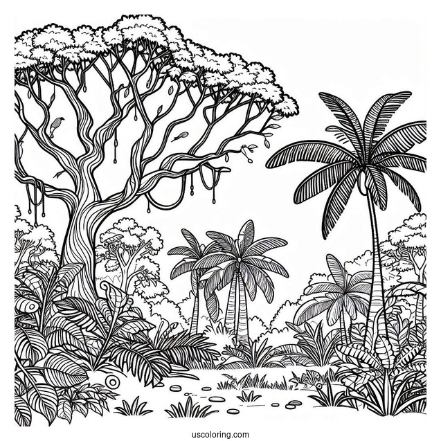 Jungle Coloring Page Of Trees And Vegetation