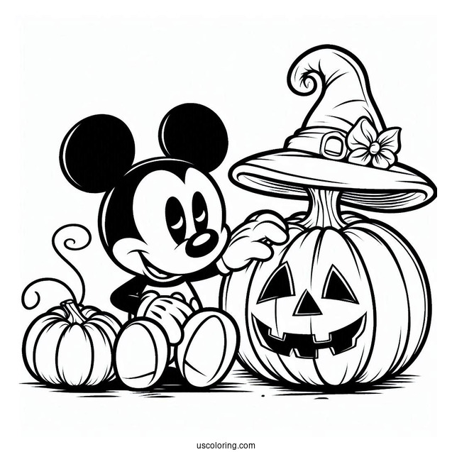 Mickey Mouse With Halloween Pumpkin Coloring Page To Color