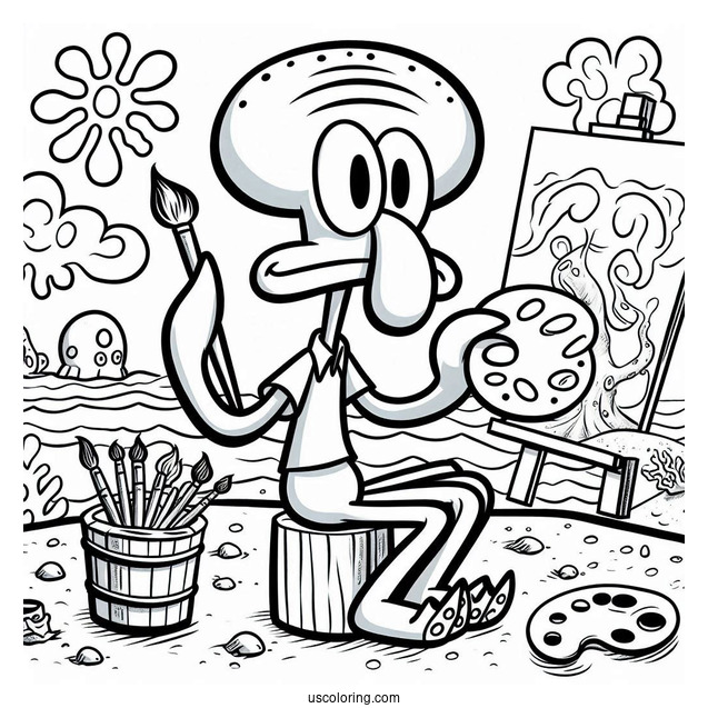 Squidward Coloring Page And SpongeBob Painting Self Portraits