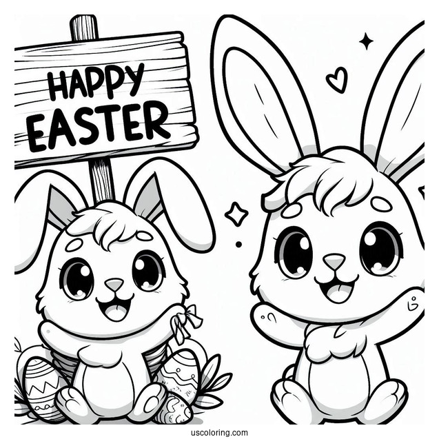 Easter Coloring Page Of Smiling Bunny Holding Happy Easter Sign For Kids