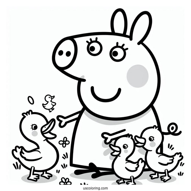 Peppa Pig Helping Baby Ducklings Coloring