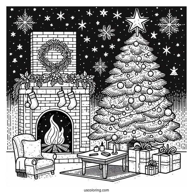 Christmas Tree With Star Next To Fire Place