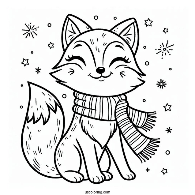 Playful Fox Coloring Page Wearing A Scarf For Kids