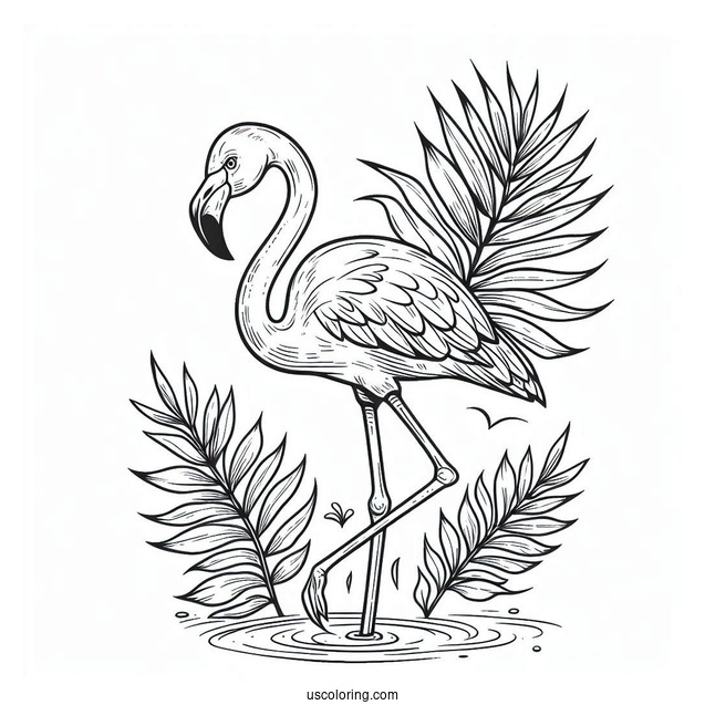 Summer Themed Flamingo With Tropical Leaves