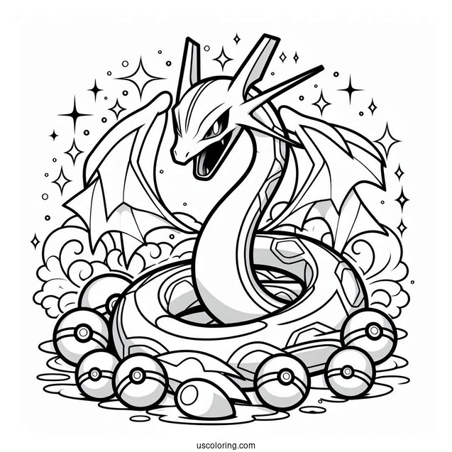 Rayquaza Coloring Page Surrounded By Pokeballs