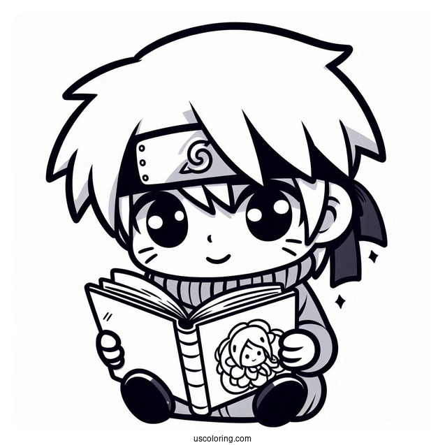 Cute Chibi Kakashi Coloring Page Reading Icha Icha Book For Preschoolers