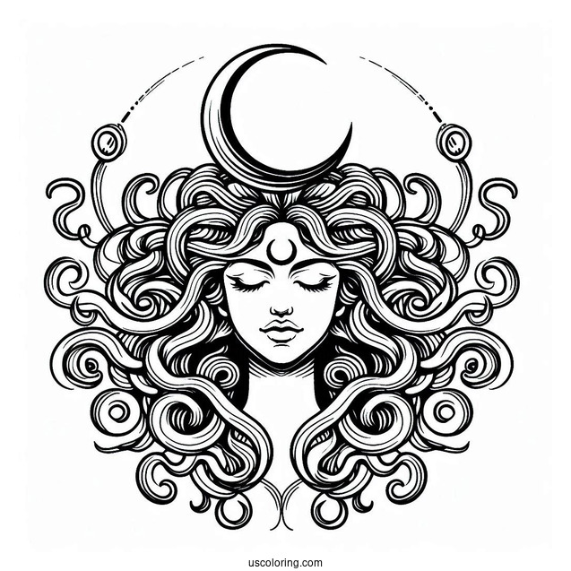 Detailed Medusa Coloring Page Head With Crescent Moon On Forehead