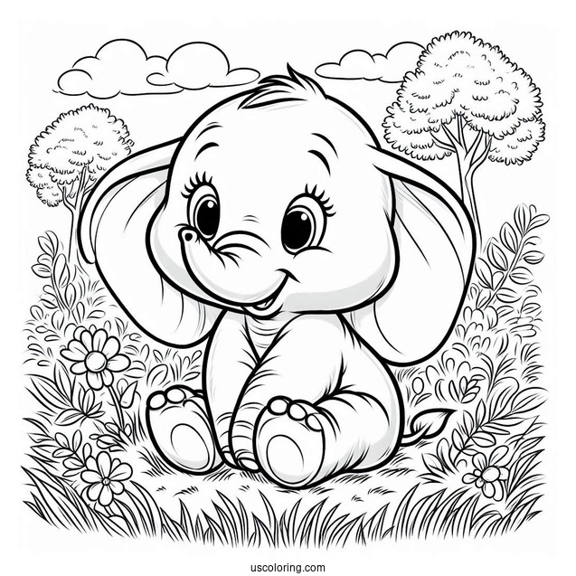 Cute Coloring Page Of Dumbo Sitting On Grass