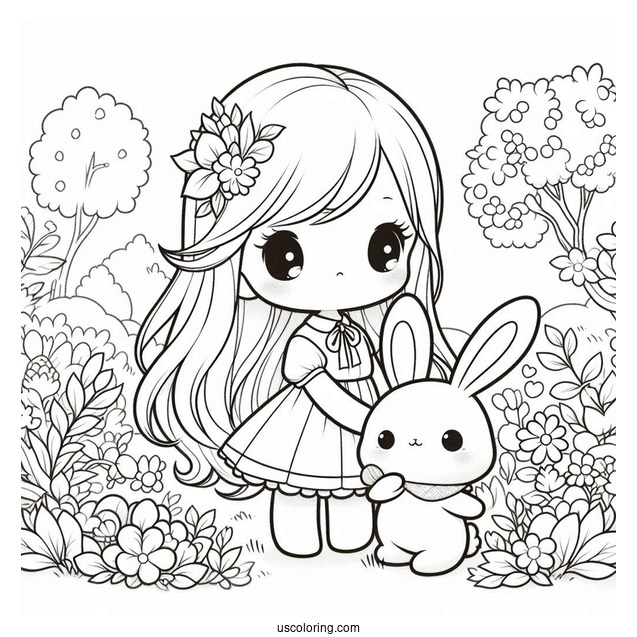 Kawaii Precious Moments Coloring Page Of Girl In Garden With Bunny For Kids