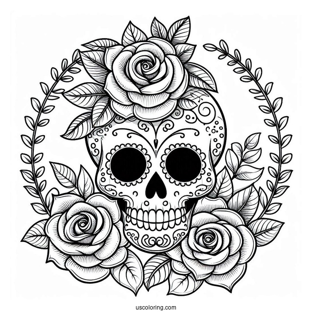 Smiling Sugar Skull Coloring Page Rose Wreath With Leaf Patterns