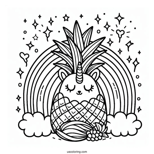 Adorable Pineapple Coloring Page Unicorn With Rainbow For Kids