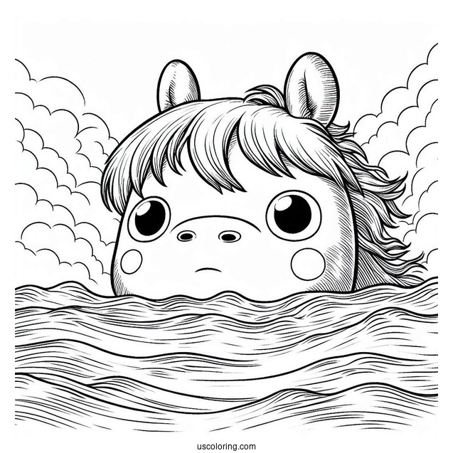 Studio Ghibli Coloring Page of Ponyo Peering Above The Ocean