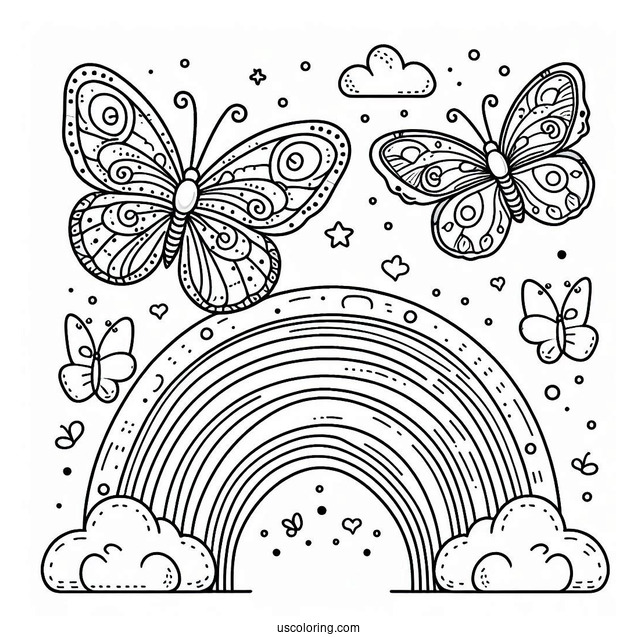 Butterflies Flying Over A Rainbow Coloring Page For Kids