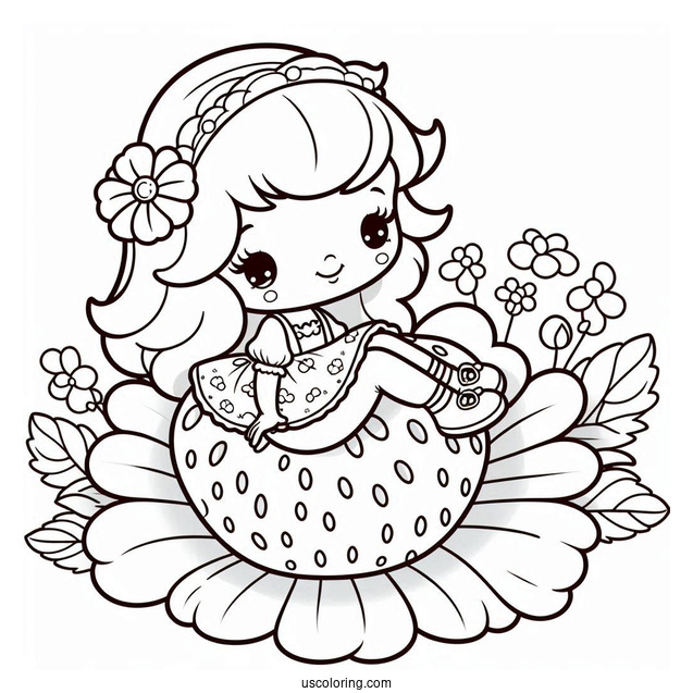 Strawberry Shortcake Coloring Page Sitting On Large Flower