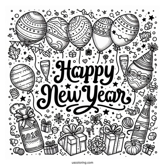 Happy New Year Coloring Page Of Words With Balloons, Party Hats, And Confetti