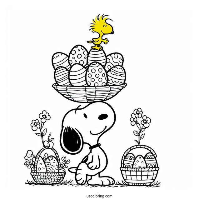 Easter Coloring Page Of Snoopy Balancing Easter Eggs With Woodstock On Top