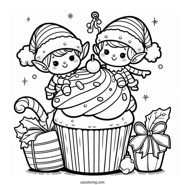 Christmas Themed Cupcake With Elves To Color