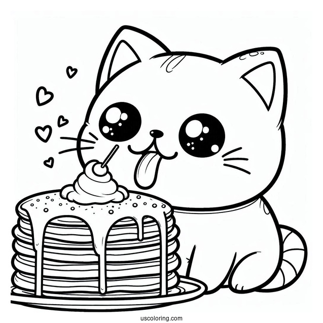 Cute Cat Drooling Over Pancake Coloring Page
