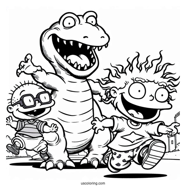 Rugrats Coloring Page Of Reptar Chasing Chuckie And Tommy Rugrats For Kids