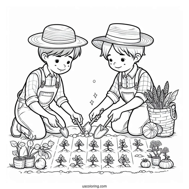 Two Farmers Planting Crops To Color