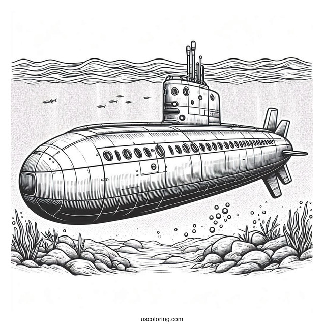 Submarine Coloring Page Of Realistic Submersible Under The Ocean