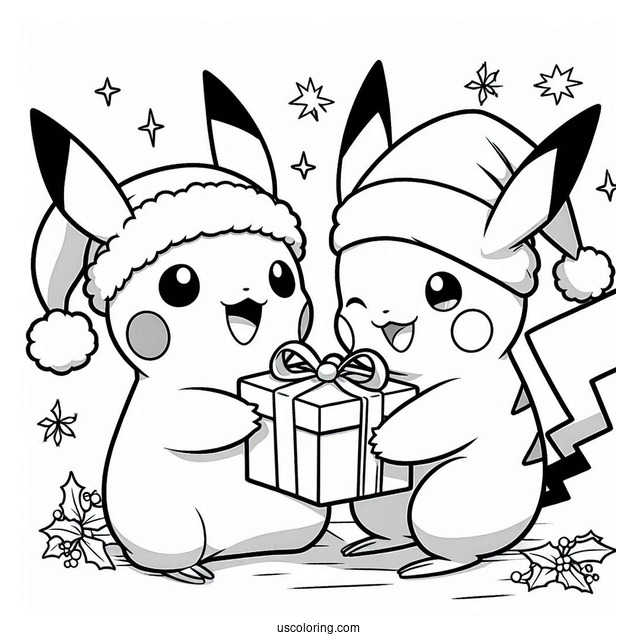 Pokemon Christmas Coloring Page Pikachu Giving Pichu A Present For Kids