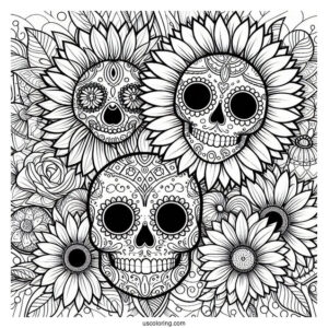 Sunflower Themed Sugar Skulls Coloring Page With Floral Background