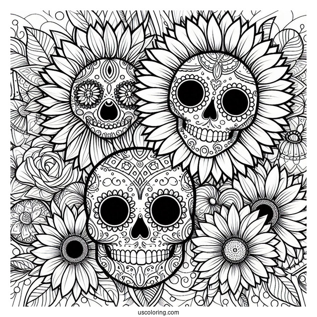 Sunflower Themed Sugar Skulls Coloring Page With Floral Background