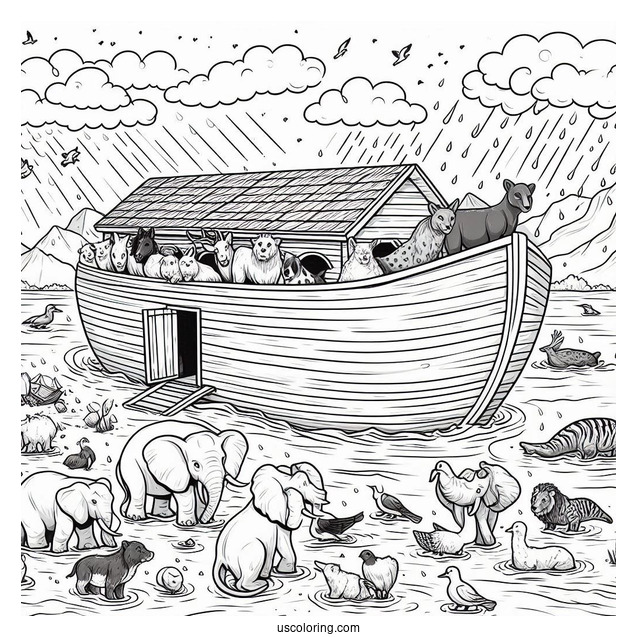 Noah's Ark Coloring Page Of Animals On The Ark During The Flood
