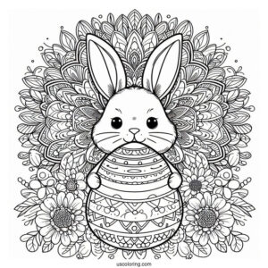 Bunny Holding Easter Egg In Front Of Flower Mandala