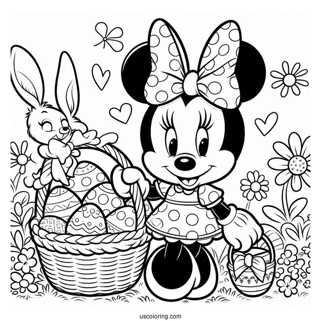 Minnie Mouse In Easter Bunny Coloring Page Costume Holding Basket With Eggs