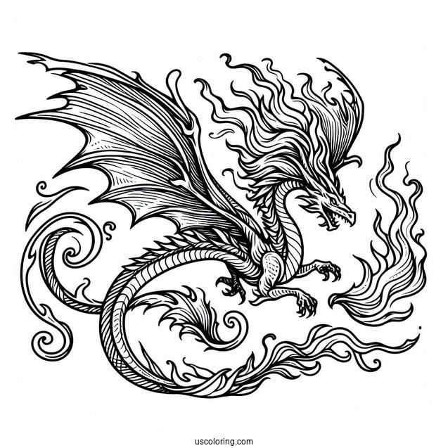 Flying Dragon To Color With Flames