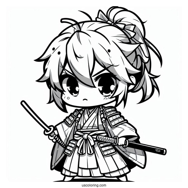 Fierce Young Chibi Coloring Page Samurai in Battle Robes