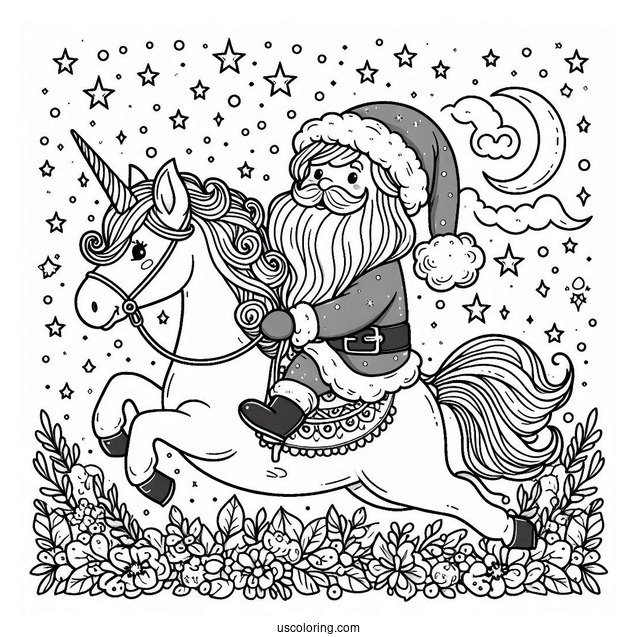 Santa Claus Riding a Unicorn Coloring Page