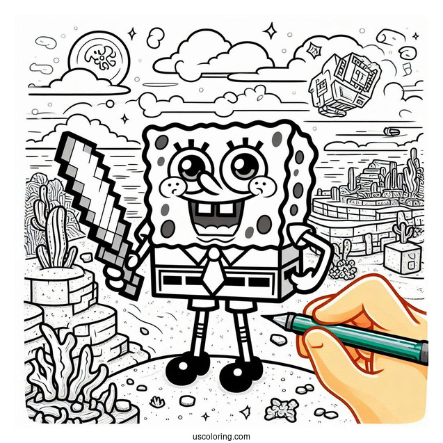 Detailed Minecraft SpongeBob Coloring Page