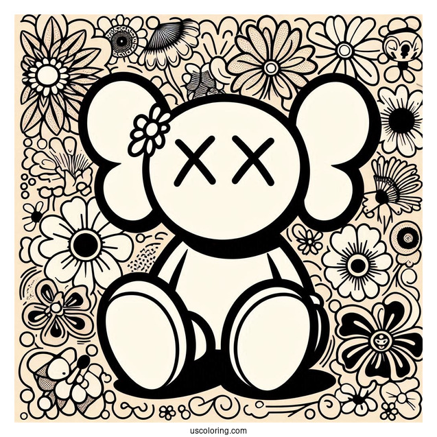 KAWS Coloring Page Companion With Retro Hippie Flower Background