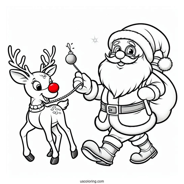 Rudolph Leading Santa With His Red Nose To Color