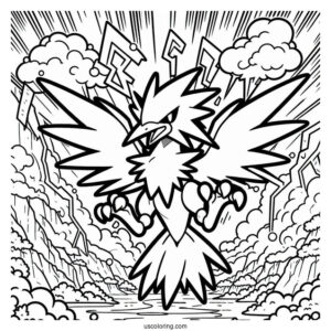 Easy Zapdos Thunderstorm Pokemon Card Coloring Sheet For Kids