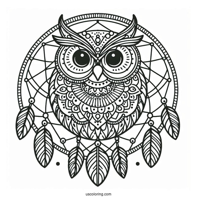 Owl Mandala Dreamcatcher Coloring Page