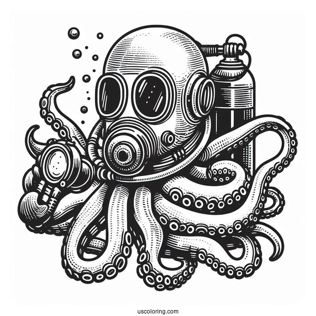 Vintage Diver Holding Octopus Coloring Page