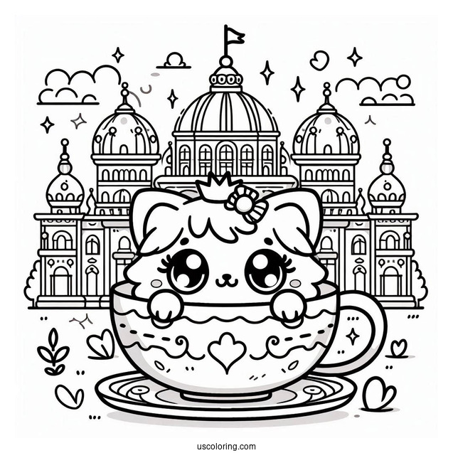 Palace Pets Coloring Page Of Kawaii Teacup In Front Of Palace For Kids