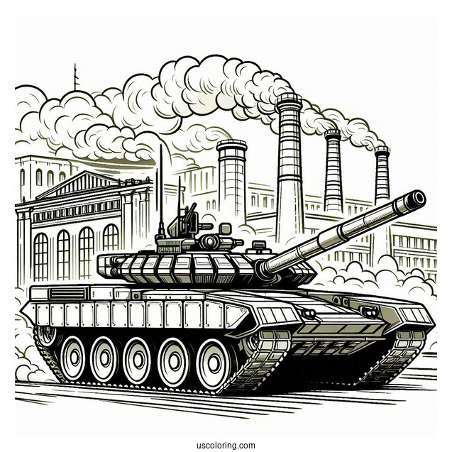 Simple Armata Russian Tank With Smoking Building in Background