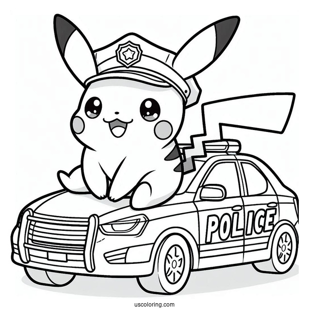 Officer Pikachu Outside Police Car Coloring Page For Kids