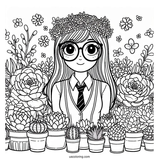 Nerdy Girl Surrounded By Succulents Coloring Page For Kids