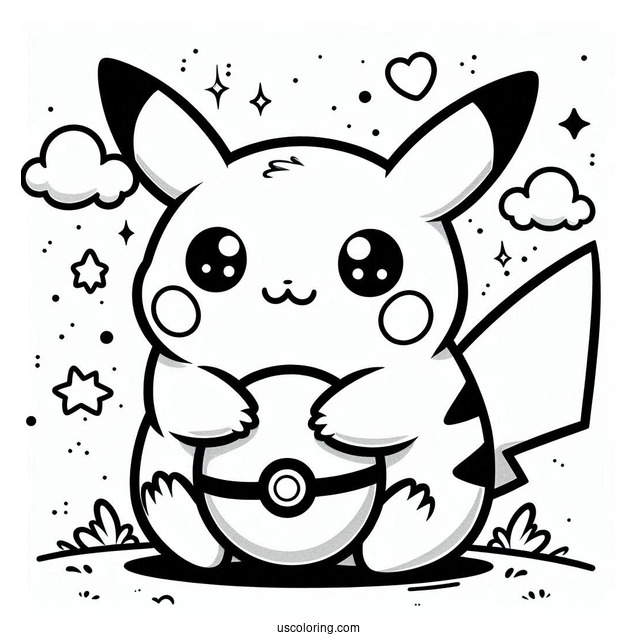 Kawaii Pikachu Hugging A Pokeball Coloring Sheet