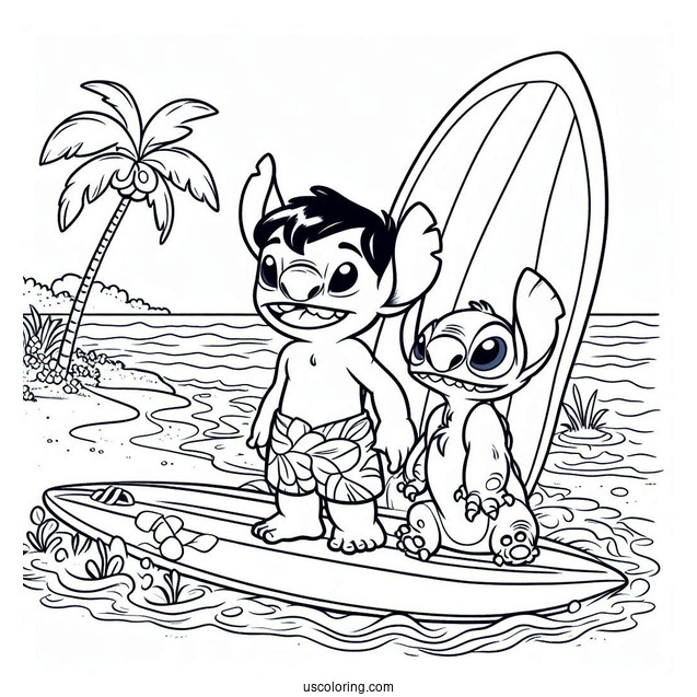 Lilo & Stitch Coloring Page Of David At The Beach With His Surfboard